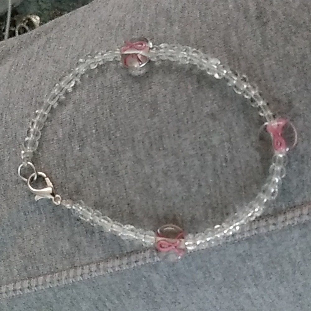 Big Sale! New Breast Cancer Awareness bracelet with glass pink ribbons